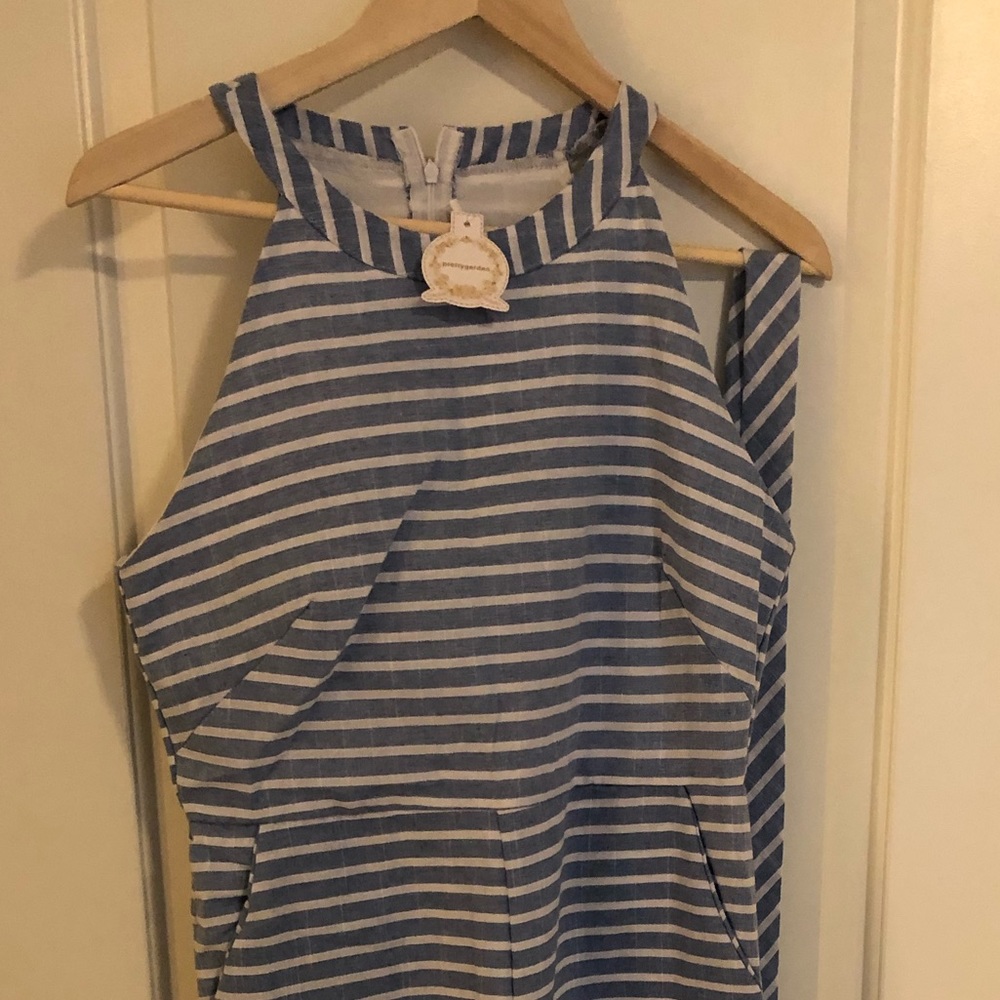 Linen Blue White Strip Jumpsuit with Belt
